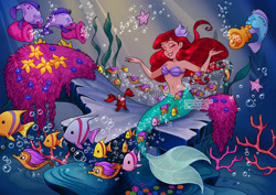 Size: 1063x752 | Tagged: safe, artist:hollybell, ariel (the little mermaid), arthropod, crab, crustacean, fictional species, fish, mammal, mermaid, seahorse, starfish, feral, humanoid, disney, the little mermaid (disney), bubbles, coral, coral reef, female, flower, flower in hair, group, hair, hair accessory, male, mermaid tail, music, musical instrument, ocean, plant, sebastian (the little mermaid), underwater, water