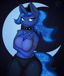 Size: 2700x3200 | Tagged: safe, artist:kooriki, loona (vivzmind), princess luna (mlp), alicorn, equine, fictional species, mammal, pony, anthro, friendship is magic, hasbro, helluva boss, my little pony, 2021, anthrofied, bedroom eyes, bottomwear, breasts, clothes, collar, cosplay, costume, crossed arms, crown, digital art, eyelashes, female, frowning, hair, headwear, high res, horn, jewelry, mane, mare, nameplay, pants, regalia, shirt, solo, solo female, spiked collar, starry mane, starry tail, tail, thighs, topwear, wide hips