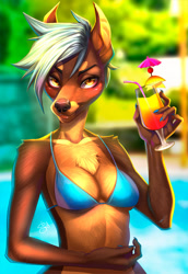 Size: 688x1000 | Tagged: safe, artist:sorafoxyteils, oc, oc only, canine, dog, mammal, anthro, 2017, alcohol, amber eyes, bedroom eyes, belly button, bikini, bikini top, black nose, breasts, brown body, brown fur, clothes, cocktail, cocktail garnish, cocktail glass, cocktail umbrella, detailed background, digital art, drink, drinking straw, ears, eyelashes, female, fur, gray hair, hair, looking at you, outdoors, pose, signature, solo, solo female, swimsuit, wide hips