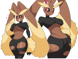 Size: 6142x4621 | Tagged: suggestive, artist:idolomantises, fictional species, lopunny, mammal, mega lopunny, mega pokémon, anthro, nintendo, pokémon, 2023, big breasts, black sclera, bottomwear, breasts, clothes, colored sclera, digital art, ears, eyelashes, female, fur, looking at you, nipple outline, pants, picture-in-picture, pink nose, simple background, smiling, smiling at you, solo, solo female, tank top, thighs, topwear, wide hips