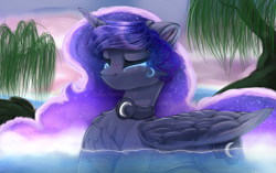 Size: 2381x1500 | Tagged: safe, artist:taiweiart, princess luna (mlp), alicorn, equine, fictional species, mammal, pony, feral, friendship is magic, hasbro, my little pony, 2023, chest fluff, concave belly, crown, eyes closed, face markings, feathered wings, feathers, female, fluff, folded wings, hair, headwear, horn, jewelry, mane, mare, partially submerged, plant, regalia, solo, solo female, tail, tree, water, wings