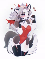 Size: 2130x2831 | Tagged: safe, artist:cepto_k, loona (vivzmind), canine, fictional species, hellhound, mammal, anthro, hazbin hotel, helluva boss, bare shoulders, bat wings, blushing, breasts, cleavage, clothes, colored sclera, costume, devil horns, ear piercing, female, fingerless gloves, gloves, legwear, leotard, looking at you, piercing, red sclera, simple background, solo, solo female, thigh highs, webbed wings, wings