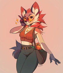 Size: 1702x1973 | Tagged: safe, artist:cordi, canine, mammal, maned wolf, wolf, anthro, bottomwear, breasts, cleavage, clothes, female, food, fruit, gesture, glasses, handbag, jewelry, looking at you, mango, midriff, necklace, one eye closed, pants, peace sign, round glasses, simple background, smiling, smiling at you, solo, solo female, sunglasses, tank top, topwear, winking