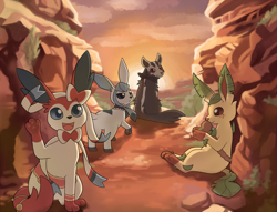 Size: 1300x993 | Tagged: safe, artist:yakalentos, oc, oc:bowtirage, oc:lilly, oc:sererndipity, oc:yumi, eeveelution, fictional species, glaceon, leafeon, mammal, mightyena, sylveon, feral, nintendo, pokémon, pokémon mystery dungeon, 2018, canyon, cliff, commission, female, group, judging, looking at you, male, outdoors, pokémon mystery dungeon rescue rpg, profile, rocky, scenery, scenery porn, side view, sunset, waving at you