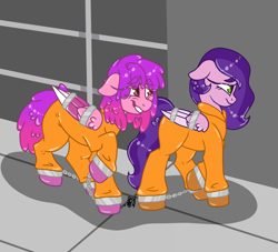 Size: 2034x1844 | Tagged: safe, artist:honeyofpeaches, pipp petals (mlp), equine, fictional species, mammal, pegasus, pony, hasbro, my little pony, my little pony g5, spoiler:my little pony g5, bondage, bound wings, clothes, commissioner:rainbowdash69, cuffed, cuffs, grin, jumpsuit, nervous, nervous grin, prison outfit, prisoner, prisoner pipp, ruby jubilee (mlp), sad, shackles, smiling, wing cuffs, wings