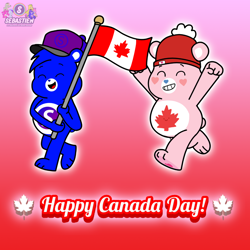 Size: 2048x2048 | Tagged: safe, artist:mrstheartist, oc, oc only, oc:creative bear, bear, fictional species, mammal, semi-anthro, care bears, care bears: unlock the magic, artwork, beanie, belly badges, black outline, blue body, blue fur, canada, canada day, care bear, cute, digital art, duo, duo male, eyes closed, flag, flag of canada, fur, gradient background, heart nose, holding, holding flag, holding object, holiday, male, males only, medibang paint, ocbetes, open mouth, pink body, pink fur, running, show accurate, walking