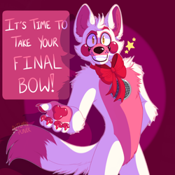 Size: 1280x1280 | Tagged: artist needed, safe, funtime foxy (fnaf), animatronic, fictional species, robot, five nights at freddy's, bow, bow tie, claws, clothes, dialogue, english text, fluff, looking at you, male, paw pads, paws, smiling, smiling at you, solo, solo male, speech bubble, standing, star, talking, text