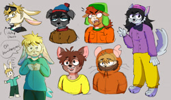 Size: 1280x747 | Tagged: safe, artist:nettleteaa, kenny mccormick (south park), canine, cervid, deer, dog, equine, horse, lagomorph, mammal, rabbit, rat, rodent, wolf, south park, 2022, abstract background, annoyed, butters stotch (south park), claws, clothes, dialogue, english text, female, frowning, gesture, glasses, group, jimmy valmer (south park), kyle broflovski (south park), male, smiling, speech bubble, stan marsh (south park), sunglasses, talking, text, v sign, wendy testaburger (south park)