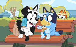 Size: 1127x709 | Tagged: safe, artist:dm29, bingo heeler (bluey), bluey heeler (bluey), mackenzie (bluey), australian cattle dog, border collie, canine, collie, dog, mammal, semi-anthro, bluey (series), 2023, bench, black nose, digital art, ears, female, food, fur, group, ice cream, ice cream cone, male, male/female, open mouth, peeping, popsicle, sitting, tail, tongue, tongue out, trio