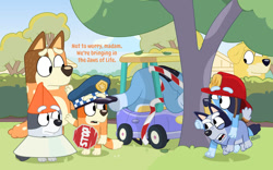 Size: 1131x707 | Tagged: safe, artist:dm29, bandit heeler (bluey), bingo heeler (bluey), bluey heeler (bluey), chilli heeler (bluey), muffin heeler (bluey), socks heeler (bluey), australian cattle dog, canine, dog, golden retriever, mammal, semi-anthro, bluey (series), 2023, accident, black nose, butt, daughter, detailed background, digital art, ears, father, father and child, father and daughter, female, fur, headwear, helmet, husband, husband and wife, male, mature, mature female, mature male, mother, mother and daughter, pat (bluey), pedal car, plant, police hat, roleplaying, tail, tree, upside down, wife, young