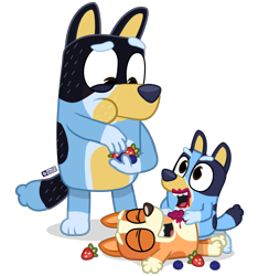 Size: 1200x1280 | Tagged: safe, artist:dm29, bandit heeler (bluey), bingo heeler (bluey), bluey heeler (bluey), australian cattle dog, canine, dog, mammal, semi-anthro, bluey (series), 2022, berry, black nose, daughter, digital art, ears, eating, eyes closed, father, father and child, father and daughter, female, food, fruit, fur, group, laughing, male, mature, mature male, messy eating, open mouth, tail, tongue, trio, young