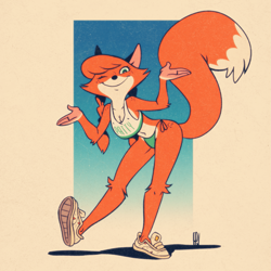 Size: 1919x1919 | Tagged: safe, artist:fox-popvli, oc, oc only, oc:patty (fox-popvli), canine, fox, mammal, red fox, anthro, 2023, bikini, bikini bottom, black nose, braless, breasts, clothes, crop top, digital art, ears, eyelashes, female, fur, hair, looking at you, one eye closed, panties, pigtails, shoes, simple background, smiling, smiling at you, solo, solo female, swimsuit, tail, tank top, thick thighs, thighs, topwear, underwear, vixen, wide hips, winking