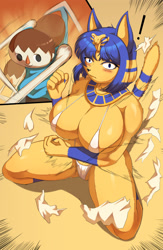 Size: 1472x2256 | Tagged: suggestive, alternate version, artist:son2j, ankha (animal crossing), villager (animal crossing), cat, feline, human, mammal, anthro, animal crossing, nintendo, 2022, accessories, big breasts, bikini, black nose, blushing, bottomwear, breasts, cameltoe, clothes, detailed background, digital art, dress, duo, duo male and female, ears, egyptian, eyelashes, female, fur, jewelry, kneeling, male, micro bikini, picture-in-picture, pose, shocked, shrunken pupils, swimsuit, tail, thighs, torn clothes, wardrobe malfunction, white bikini, white swimsuit, wide hips