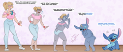 Size: 2941x1253 | Tagged: safe, artist:axiomtf, stitch (lilo & stitch), alien, experiment (lilo & stitch), fictional species, human, mammal, disney, lilo & stitch, 4 fingers, 4 toes, 5 fingers, black eyes, blonde hair, blue body, blue fur, blue nose, claws, clothes, constructed language, dialogue, drink, drinking, ears, english text, fictional language, finger claws, fingers, fluff, fur, glasses, hair, head fluff, heart glasses, human to anthro, looking at you, narrowed eyes, open mouth, open smile, shoes, smiling, species transformation, speech bubble, straw, talking, tantalog text, text, torn ear, transformation, transgender transformation