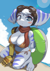 Size: 1447x2039 | Tagged: suggestive, artist:koorinezumi, rivet (r&c), fictional species, lombax, mammal, anthro, digitigrade anthro, ratchet & clank, 2023, absolute cleavage, adorasexy, beach, belly button, big breasts, bikini, blue eyes, blushing, breasts, cleavage, clothes, cute, cybernetic arm, cybernetics, detailed background, digital art, ear piercing, earring, ears, eyebrow through hair, eyebrows, eyelashes, feet, female, fur, goggles, goggles on head, hair, inner tube, kemono, kneeling, looking at you, outdoors, piercing, pink nose, pose, prosthetic arm, prosthetics, scarf, sexy, side-tie bikini, solo, solo female, striped fur, swimsuit, tail, thighs, white body, white fur, wide hips