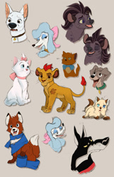 Size: 828x1288 | Tagged: safe, artist:feyneko, bolt (bolt), georgette (oliver & company), jasiri (the lion guard), kion (the lion guard), marie (the aristocats), scamp (lady and the tramp), tod (the fox and the hound), toulouse (the aristocats), big cat, canine, cat, doberman, dog, feline, fox, german shepherd, hyena, lion, mammal, poodle, red fox, feral, bolt (disney), disney, lady and the tramp, oliver & company, the aristocats, the fox and the hound, the lion guard, the lion king, 2016, 2d, clothes, collar, female, gray background, group, kitten, male, open mouth, open smile, puppy, scarf, simple background, smiling, standing, tongue, tongue out, young