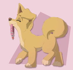 Size: 915x873 | Tagged: safe, artist:feyneko, angel (lady and the tramp), canine, dog, mammal, mutt, feral, disney, lady and the tramp, 2d, collar, eyes closed, female, puppy, smiling, solo, solo female, young