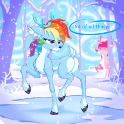 Size: 828x828 | Tagged: safe, artist:rurihal, pinkie pie (mlp), rainbow dash (mlp), cervid, deer, mammal, reindeer, feral, friendship is magic, hasbro, my little pony, 2022, 2d, antlers, butt, dialogue, duo, duo female, english text, female, females only, ice, plant, raised tail, snow, snowfall, solo focus, species swap, tail, talking, text, tree, unamused, winter