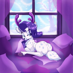 Size: 828x828 | Tagged: safe, artist:rurihal, rarity (mlp), cervid, deer, mammal, reindeer, feral, friendship is magic, hasbro, my little pony, 2023, 2d, antlers, butt, female, looking at you, looking back, looking back at you, lying down, plant, prone, smiling, smiling at you, snow, snowfall, solo, solo female, species swap, tree, ungulate, window, winter