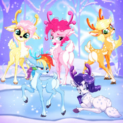 Size: 828x828 | Tagged: safe, artist:rurihal, applejack (mlp), fluttershy (mlp), pinkie pie (mlp), rainbow dash (mlp), rarity (mlp), cervid, deer, mammal, reindeer, feral, friendship is magic, hasbro, my little pony, 2023, 2d, antlers, bedroom eyes, butt, cute, female, females only, ice, looking at you, looking back, looking back at you, lying down, plant, prone, raised tail, smiling, smiling at you, snow, snowfall, species swap, standing, tail, tree, unamused, winter