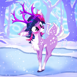 Size: 828x828 | Tagged: safe, artist:rurihal, twilight sparkle (mlp), cervid, deer, mammal, reindeer, feral, friendship is magic, hasbro, my little pony, 2023, 2d, antlers, blushing, cute, female, ice, plant, snow, snowfall, solo, solo female, species swap, standing, tail, tail wag, tree, ungulate, winter