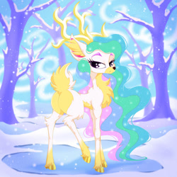 Size: 828x828 | Tagged: safe, artist:rurihal, princess celestia (mlp), cervid, deer, mammal, reindeer, feral, friendship is magic, hasbro, my little pony, antlers, butt, female, ice, lidded eyes, looking at you, looking back, looking back at you, plant, raised tail, snow, snowfall, solo, solo female, species swap, tail, tree, winter