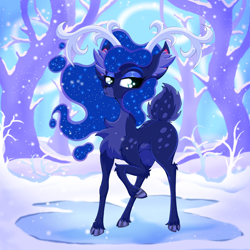 Size: 2500x2500 | Tagged: safe, artist:rurihal, princess luna (mlp), cervid, deer, mammal, reindeer, feral, friendship is magic, hasbro, my little pony, 2023, 2d, antlers, cute, female, ice, looking at you, plant, raised leg, snow, snowfall, solo, solo female, species swap, tree, ungulate, winter