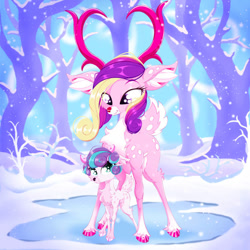 Size: 828x828 | Tagged: safe, artist:rurihal, princess cadence (mlp), princess flurry heart (mlp), cervid, deer, mammal, reindeer, feral, friendship is magic, hasbro, my little pony, 2023, 2d, antlers, cute, daughter, duo, duo female, female, females only, ice, looking at each other, mother, mother and daughter, plant, snow, snowfall, species swap, standing, tree, winter, young