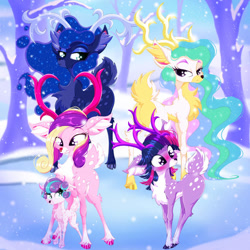 Size: 828x828 | Tagged: safe, artist:rurihal, princess cadence (mlp), princess celestia (mlp), princess flurry heart (mlp), princess luna (mlp), twilight sparkle (mlp), cervid, deer, mammal, reindeer, feral, friendship is magic, hasbro, my little pony, 2023, 2d, antlers, blushing, butt, daughter, female, females only, group, ice, looking at you, looking back, looking back at you, mother, mother and daughter, plant, raised leg, raised tail, snow, snowfall, standing, tail, tree, ungulate, winter, young