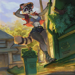 Size: 1024x1024 | Tagged: safe, artist:sixthleafclover, mammal, procyonid, raccoon, anthro, badge, bottomwear, breasts, brown eyes, building, cleavage, clothes, conifer tree, crop top, ear piercing, female, foot wraps, footwear, garbage truck, hand on head, hat, headwear, house, jacket, jewelry, looking at you, midriff, necklace, open mouth, outdoors, paw pads, paws, piercing, plant, recycle bin, short shorts, shorts, solo, solo female, thighs, topwear, tree, truck, vehicle, wrist wraps
