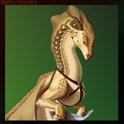 Size: 1920x1920 | Tagged: safe, artist:shido-tara, dragon, fictional species, reptile, sandwing, feral, wings of fire (book series), black eyes, body markings, border, dragoness, ear piercing, fanart, female, harness, knife, piercing, scales, solo, solo female, tack, tongue, tongue out, yellow body