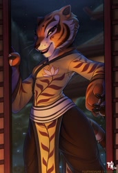 Size: 900x1313 | Tagged: safe, alternate version, artist:fluff-kevlar, master tigress (kung fu panda), big cat, feline, mammal, tiger, anthro, dreamworks animation, kung fu panda, 2021, bottomwear, breasts, clothes, detailed background, digital art, door, ears, eyelashes, female, fur, loincloth, looking at you, pants, shirt, solo, solo female, tail, thighs, topwear, wide hips