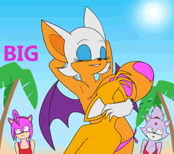Size: 1813x1600 | Tagged: suggestive, alternate version, artist:creatiffy, amy rose (sonic), blaze the cat (sonic), miles "tails" prower (sonic), rouge the bat (sonic), bat, canine, cat, feline, fox, hedgehog, mammal, red fox, anthro, sega, sonic the hedgehog (series), 2023, 2d, 2d animation, animated, anthro/anthro, armpits, arms behind head, bat wings, beach, bikini, bikini bottom, black nose, boob slap, breasts, clothes, digital art, door, ears, eyelashes, eyes closed, female, frame by frame, fur, gif, gloves, group, hair, huge breasts, looking away, male, male/female, mature, mature female, multiple tails, pasties, slap, swimsuit, tail, thighs, trio, two tails, unamused, webbed wings, wide hips, wings