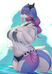 Size: 1042x1500 | Tagged: safe, alternate version, artist:lcshian, oc, oc only, dragon, fictional species, anthro, 2023, beach, belly, belly button, bikini, black nose, blushing, breasts, clothes, digital art, dragoness, ears, eyelashes, female, fur, hair, horns, huge breasts, ocean, partially submerged, see-through, shirt, solo, solo female, swimsuit, tail, thick thighs, thighs, topwear, water, wet, wet clothes, wide hips
