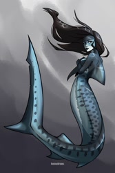 Size: 1500x2250 | Tagged: safe, artist:roksodraws, animal humanoid, fictional species, fish, mammal, shark, tiger shark, anthro, 2023, breasts, digital art, ears, eyelashes, female, fins, fish tail, hair, rear view, shark tail, sideboob, simple background, solo, solo female, tail, thighs, wide hips