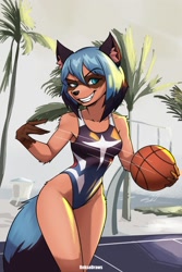 Size: 1500x2250 | Tagged: safe, artist:roksodraws, michiru kagemori (bna), canine, mammal, raccoon dog, anthro, bna: brand new animal, 2023, ball, basketball, black nose, breasts, clothes, detailed background, digital art, ears, eyelashes, female, fur, gloves, hair, mask (facial marking), one-piece swimsuit, sharp teeth, solo, solo female, swimsuit, tail, teeth, thighs, wide hips