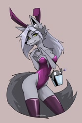 Size: 750x1125 | Tagged: safe, artist:roksodraws, canine, mammal, wolf, anthro, 2023, black nose, breasts, bunny ears, bunny suit, clothes, digital art, ears, eyelashes, female, fur, hair, heart hands, legwear, leotard, simple background, solo, solo female, stockings, tail, thighs, wide hips