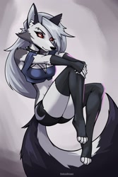 Size: 1500x2250 | Tagged: safe, artist:roksodraws, loona (vivzmind), canine, fictional species, hellhound, mammal, anthro, digitigrade anthro, hazbin hotel, helluva boss, 2023, bedroom eyes, black nose, bottomwear, breasts, clothes, colored sclera, crop top, digital art, ears, evening gloves, eyelashes, female, fur, gloves, hair, legwear, long gloves, looking at you, red sclera, shorts, simple background, solo, solo female, stockings, tail, tank top, thighs, topwear, wide hips
