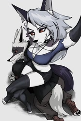 Size: 1500x2250 | Tagged: safe, artist:roksodraws, death (puss in boots), loona (vivzmind), canine, fictional species, hellhound, mammal, wolf, anthro, digitigrade anthro, dreamworks animation, hazbin hotel, helluva boss, puss in boots (movie), puss in boots: the last wish, shrek, 2023, black nose, bottomwear, breasts, clothes, colored sclera, crop top, digital art, dominant, dominant female, duo, duo male and female, ears, evening gloves, eyelashes, female, fur, gloves, hair, legwear, long gloves, male, red sclera, shorts, simple background, stockings, submissive, submissive male, tail, tank top, thighs, topwear, why me, wide hips