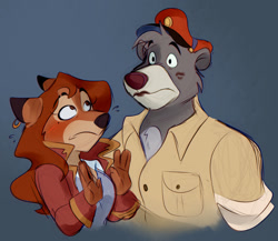 Size: 1280x1113 | Tagged: safe, artist:trishabeakens, baloo (the jungle book), oc, oc:persephone (talespin), bear, canine, fox, mammal, sloth bear, anthro, semi-anthro, disney, talespin, the jungle book, 2023, big breasts, black lipstick, blushing, breasts, cap, clothes, duo, ear piercing, earring, embarrassed, female, hair, hands up, hat, headwear, kiss mark, lipstick, makeup, male, piercing, red hair, surprised, vixen
