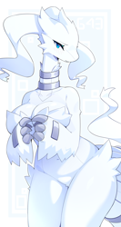 Size: 1597x3000 | Tagged: safe, artist:devil vox, fictional species, legendary pokémon, reshiram, anthro, nintendo, pokémon, 2023, bedroom eyes, breasts, digital art, ears, eyelashes, featureless breasts, featureless crotch, female, fur, hair, looking at you, simple background, solo, solo female, tail, thighs, white background, wide hips