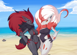 Size: 1421x1020 | Tagged: safe, artist:leaniv, fictional species, hisuian zoroark, mammal, zoroark, zorua, anthro, nintendo, pokémon, 2023, absolute cleavage, beach, belly button, bikini, breasts, buried in the sand, claws, cleavage, clothes, detailed background, digital art, duo, duo female, ears, eyelashes, female, females only, fur, hair, one-piece swimsuit, pose, swimsuit, thighs, wide hips