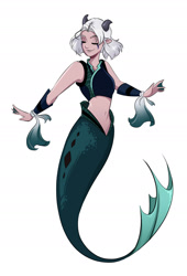 Size: 1280x1885 | Tagged: safe, artist:sketchderps, elf, fictional species, fish, hybrid, mammal, mermaid, humanoid, the dragon prince, 2019, belly button, eyes closed, female, full body, hair, horns, mermaid tail, rayla (the dragon prince), simple background, smiling, solo, solo female, tail, webbed hands, white background, white hair