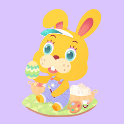 Size: 894x894 | Tagged: safe, artist:talicedraws, zipper t. bunny (animal crossing), lagomorph, mammal, rabbit, semi-anthro, animal crossing, nintendo, 2d, clothes, easter egg, egg, holding, holding object, male, on model, open mouth, overalls, paintbrush, palette, purple background, signature, simple background, sitting, solo, solo male