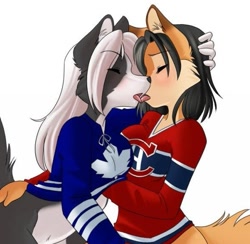 Size: 591x576 | Tagged: safe, artist:spazzykoneko, oc, oc only, canine, fox, mammal, wolf, anthro, blushing, clothes, cropped, duo, duo female, explicit source, eyebrow through hair, eyebrows, eyeshadow, female, female/female, females only, hair, hand in jacket, hand on head, holding each other, jacket, kissing, makeup, simple background, tongue, tongue out, topwear, white background