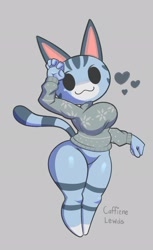 Size: 1251x2048 | Tagged: safe, artist:caffeinelewds, lolly (animal crossing), cat, feline, mammal, anthro, animal crossing, nintendo, :3, big breasts, bottomless, breasts, clothes, dot eyes, featureless crotch, female, heart, looking at you, nudity, partial nudity, raised arm, simple background, smiling, smiling at you, solo, solo female, sweater, topwear