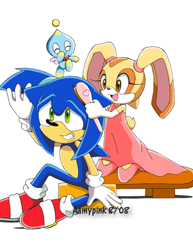 Size: 520x674 | Tagged: safe, artist:aamypink, cream the rabbit (sonic), sonic the hedgehog (sonic), chao, fictional species, hedgehog, lagomorph, mammal, rabbit, anthro, sega, sonic the hedgehog (series), 2008, blue body, blue fur, bottomwear, brown eyes, brush, clothes, dress, female, fur, gloves, green eyes, male, open mouth, quills, shoes, simple background, smiling, white background