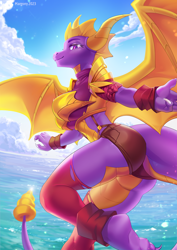 Size: 990x1400 | Tagged: safe, artist:margony, spyro the dragon (spyro), dragon, fictional species, anthro, spyro the dragon (series), 2023, anthrofied, armor, breasts, butt, clothes, dragon wings, dragoness, eyelashes, female, horns, solo, solo female, spread wings, spyra the dragoness (spyro), tail, thighs, unconvincing armor, webbed wings, wings
