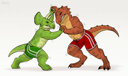 Size: 1280x764 | Tagged: safe, artist:jenery, ceratops, dinosaur, theropod, triceratops, tyrannosaurus rex, anthro, 2022, 2d, angry, bottomwear, brown body, clothes, duo, duo male, green body, gritted teeth, looking at each other, male, males only, shorts, signature, simple background, standing, teeth, vein, white background, wrestling
