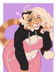Size: 2384x3065 | Tagged: safe, artist:faiebug, big cat, feline, mammal, tiger, anthro, bottomwear, breasts, clothes, female, jacket, leaning forward, one eye closed, pants, solo, solo female, tail, thick thighs, thighs, topwear, wide hips, workout clothes